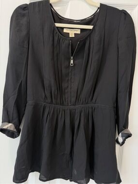 Burberry Black Zip-Peplum Blouse with Check Trim